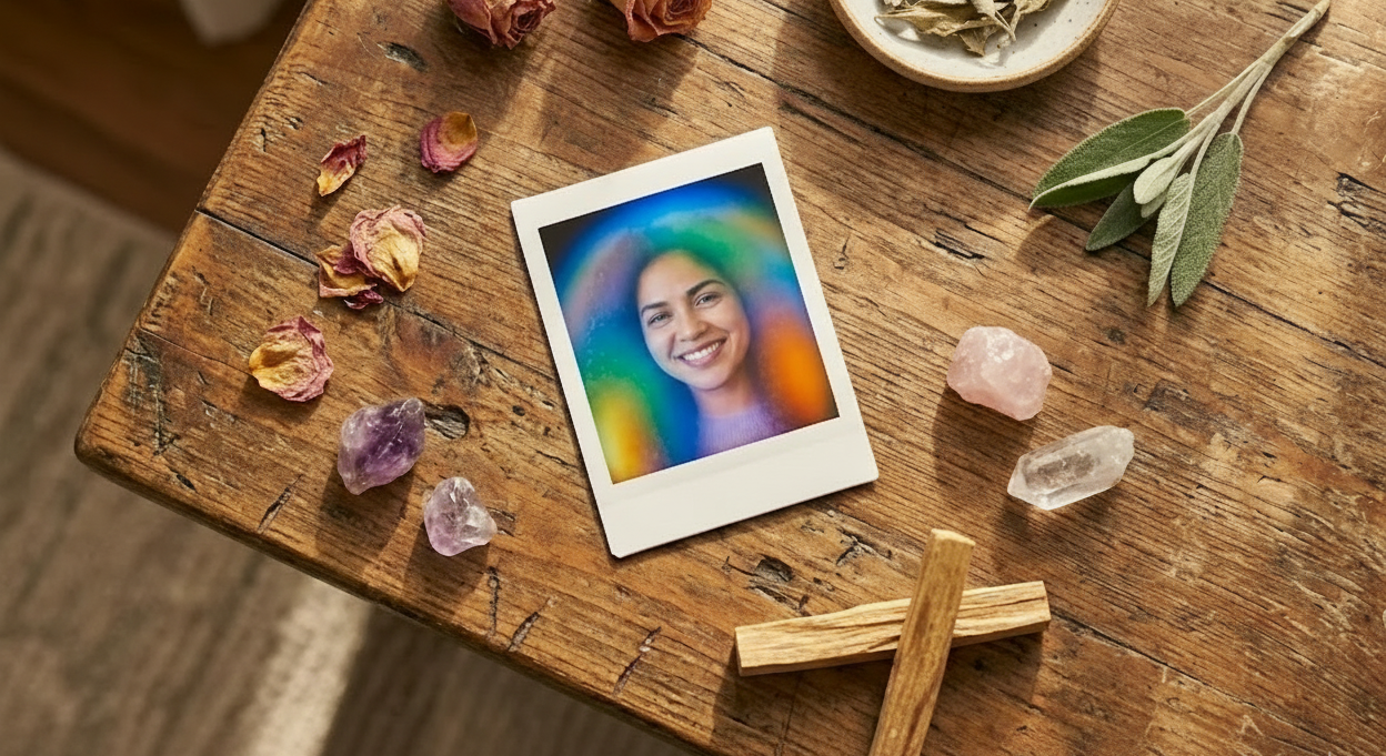 Aura photograph polaroid on wooden table with crystals